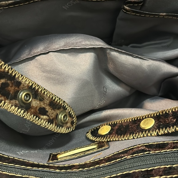 Charlie Lapson Croc Leopard Textured Print Satchel Bag Brass Hardware - Picture 15 of 16